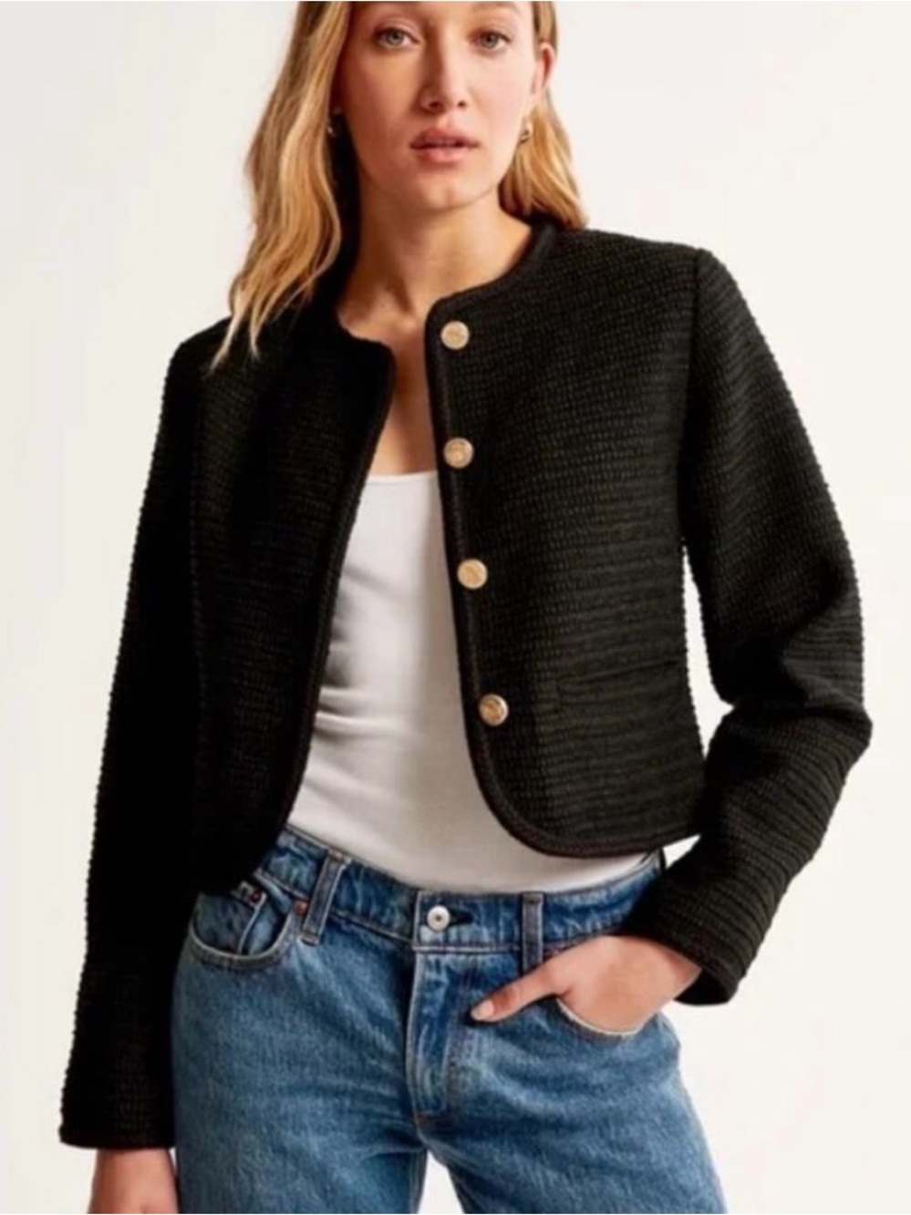 Abercrombie & Fitch Black Cropped Tweed Button Blazer